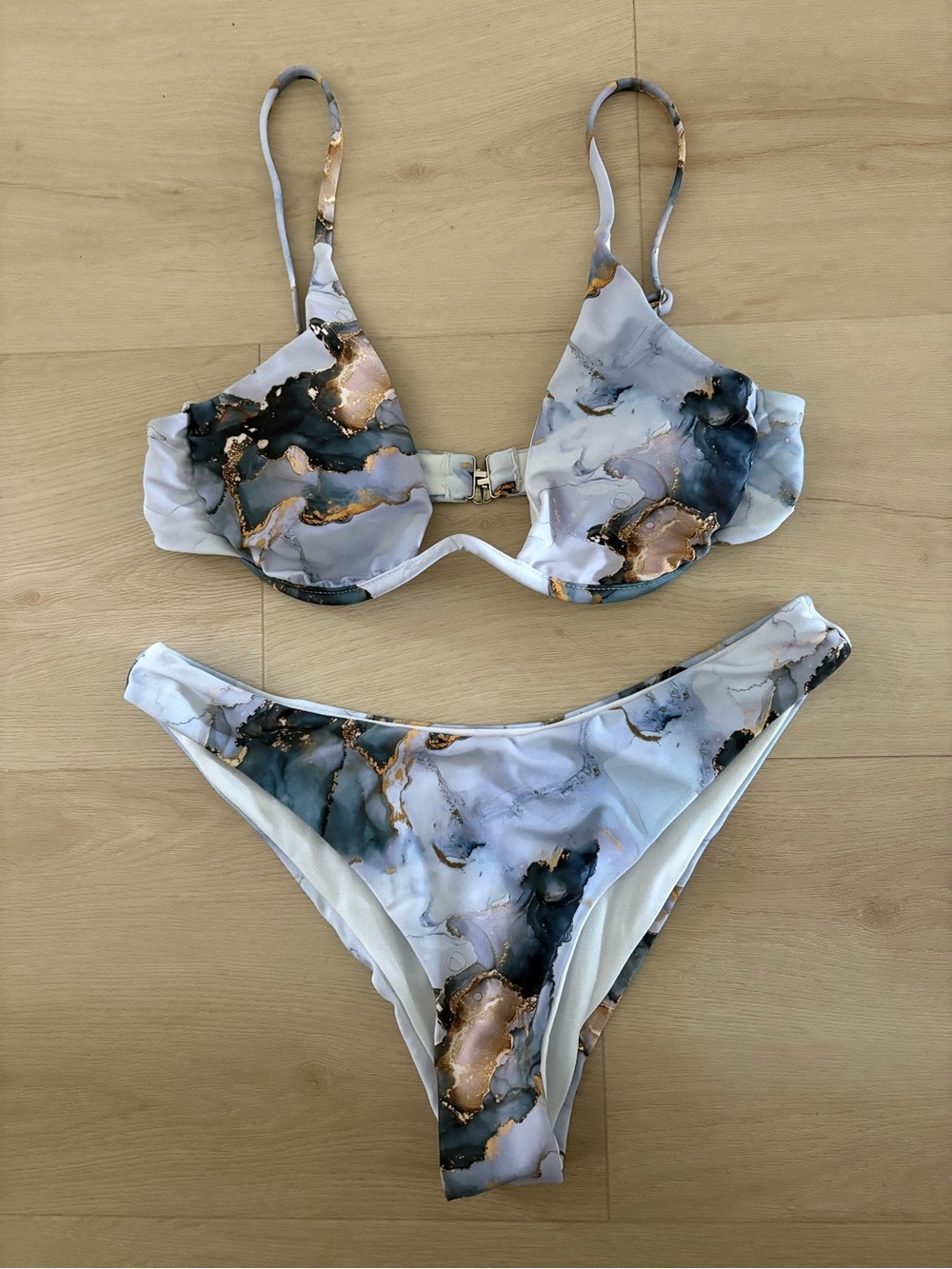 SHEIN White Marble Print Bikini with Gold Accents